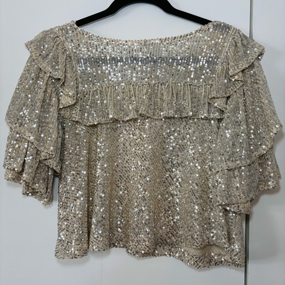 Free People Dance Floor Sequin Top Small Silver Cropped Ruffle - Picture 3 of 9